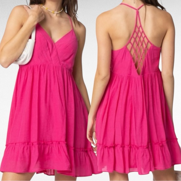 New In | Hot Pink Woven Lattice Open Back Spaghetti Strap Flutter Hem Mini Dress - Picture 1 of 8